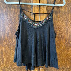 Black Embroidered Flowy Cami Tank Top Spaghetti Straps